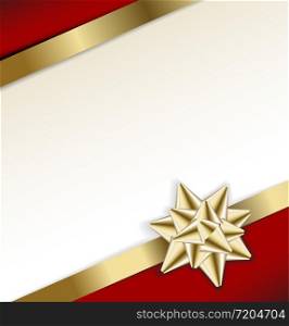 golden bow on a ribbon with white and red background - vector Christmas card