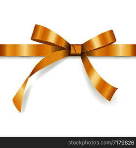 Golden bow with horizontal ribbon isolated on white background for gift decoration, greeting card, holiday design, vector illustration. Golden bow with horizontal ribbon isolated on white background for gift decoration, greeting card, holiday design, vector