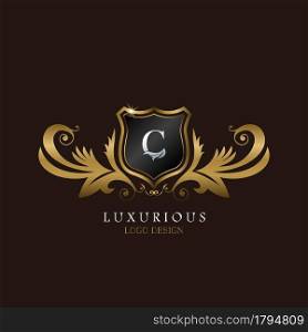 Golden C Logo Luxurious Shield, creative vector design for luxury brand identity.