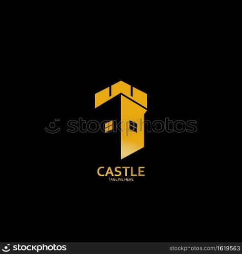 Golden Castle Logo vector icon on black background illustration design 