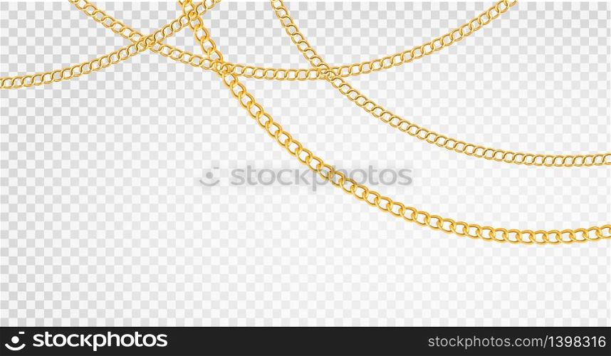Golden chain. Luxury chains different shapes, realistic gold links jewelry, metal golden elements repeating pattern, vector jewellery set. Golden chain. Luxury chains different shapes, realistic gold links jewelry, metal golden elements repeating pattern, vector set