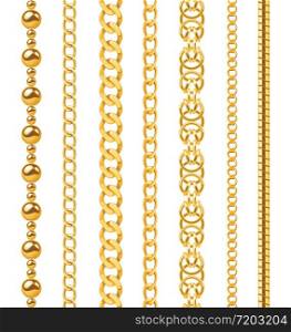 Golden chain. Seamless luxury chains of different shapes, realistic gold jewelry links, metal golden elements repeating pattern vector metallic frame set. Golden chain. Seamless luxury chains of different shapes, realistic gold jewelry links, metal golden elements repeating pattern vector set