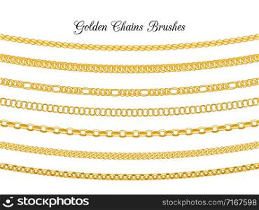 Golden chains brushes. Gold metal chain borders isolated on white background, vector necklace chains seamless patterns. Golden chains brushes