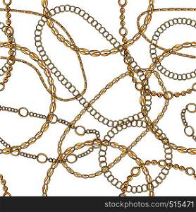 Golden chains hand drawn seamless pattern. Precious jewellery on white background. Realistic bracelets and necklaces backdrop. Fashionable accessory chaotic texture. Decorative wrapping paper design. Gold chain vector hand drawn seamless pattern
