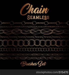 Golden chains seamless brushes. Horizontal bracelets on Black Background. Jewellery Banner with Oval frame, sketch drawing. Fashion jewelry outline. Gold Vector Collection of different chains. Golden chains ink pen seamless pattern include vector brushes