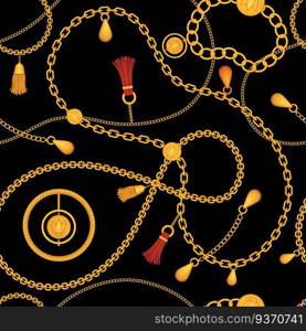 Golden chains seamless pattern. Print with chain belt, gold necklace, jewel bracelet with pendant and tassel. Luxury fashion vector. Seamless golden chain pattern, elegance tassel illustration. Golden chains seamless pattern. Print with chain belt, gold necklace, jewel bracelet with pendant and tassel. Luxury fashion vector ornament