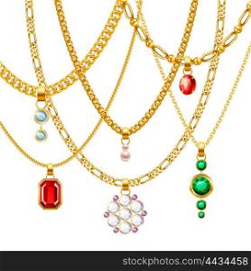 Golden Chains With Pendants Set. Golden jewelry chains set with different pendants realistic vector illustration