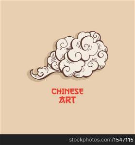 Golden Chinese Clouds hand drawn vector illustration. Overcloud Outline. Smoke brown and white abstract clipart. Chinese art drawing with engraving. Wind blowing. Isolated postcard design element. Chinese Gold Clouds and wind blows isolated illustration