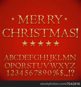 Golden Christmas Alphabet. Golden Christmas Alphabet Isolated on Red Background. Merry Christmas Card. Vector Illustration.