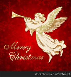 Golden Christmas angel blows into the trumpet. Hand drawn vector greeting card in vintage style. Merry Christmas lettering