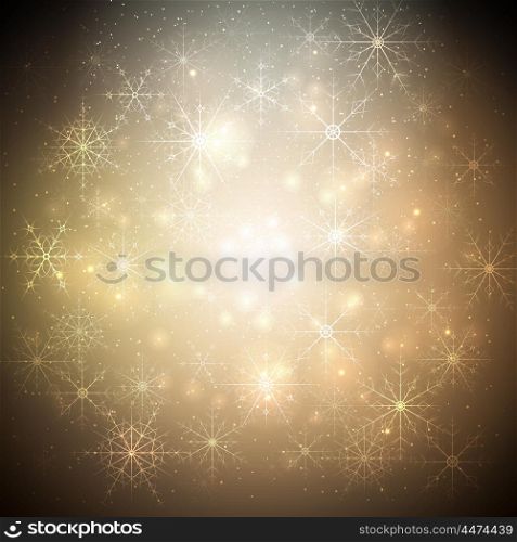 Golden Christmas background with glowing shiny snowflakes and stars. Blurred vector for your decoration. Golden Christmas background with glowing shiny snowflakes and stars. Blurred vector background for your decoration.
