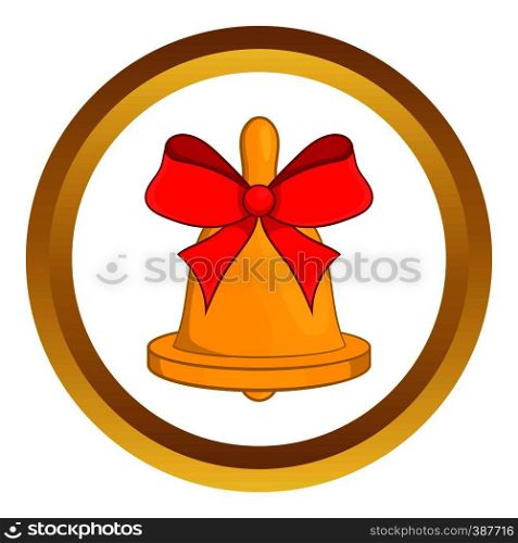 Golden Christmas bell with red bow in cartoon style isolated on white background vector illustration. Christmas bell with red bow vector icon