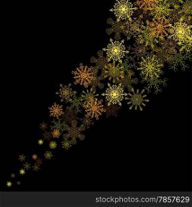 Golden christmas snowflakes blizzard stream in the darkness