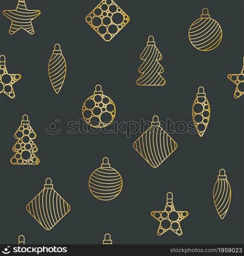 Golden Christmas toys on a dark background seamless festive pattern. Painted cut-out patterned baubles for decoration. Template for gift wrapping, fabric, wallpaper and design.. Golden Christmas toys on a dark background seamless festive pattern.