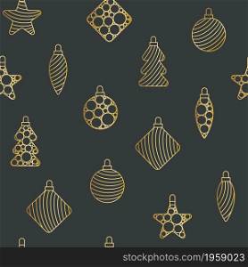 Golden Christmas toys on a dark background seamless festive pattern. Painted cut-out patterned baubles for decoration. Template for gift wrapping, fabric, wallpaper and design.. Golden Christmas toys on a dark background seamless festive pattern.