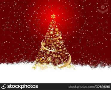 Golden Christmas tree on snowflake background