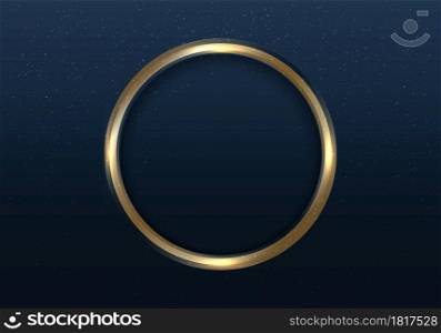 Golden circle frame with light and glitter on dark blue background luxury style. Elegant frame gold ring with space for your text. Vector illustration