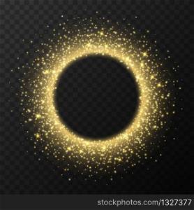 Golden circle frame with sparkles and flares, abstract luminous particles, yellow stardust light effect isolated on a dark background. Xmas glares and sparks. Luxury backdrop. Vector illustration.. Golden circle frame with sparkles and flares, abstract luminous particles, yellow stardust light effect.