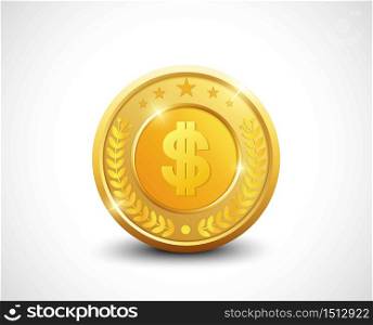 Golden coin dollar sign with stars and laurel wreath .Vector illustration