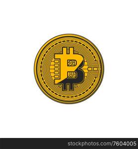 Golden coin of bitcoin money isolated btc sign. Vector internet currency, virtual banking. Bitcoin cryptocurrency, coin digital money symbol