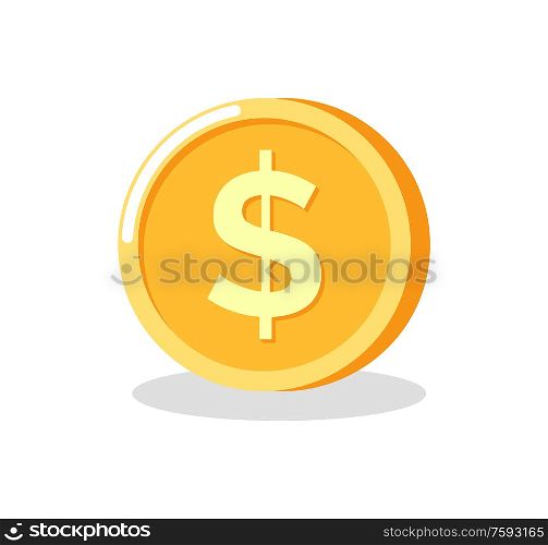 Golden coin of dollar, circle metal money, charity or tax object for decoration, round currency with shadow, shiny financial icon, bank element vector. Circle Metal Money, Golden Coin Dollar Vector