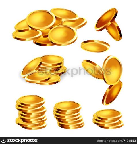 Golden Coin Stack, Heap And Falling Set Vector. Collection Of Precious Gold Metallic Money Cash Coin Penny, Treasure Or Jackpot. Banking And Financial Economic Concept Mockup 3d Illustration. Golden Coin Stack, Heap And Falling Set Vector