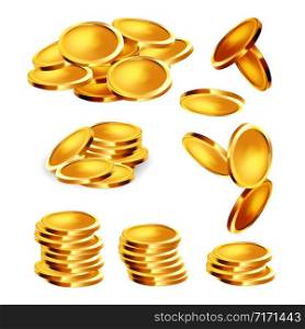 Golden Coin Stack, Heap And Falling Set Vector. Collection Of Precious Gold Metallic Money Cash Coin Penny, Treasure Or Jackpot. Banking And Financial Economic Concept Mockup 3d Illustration. Golden Coin Stack, Heap And Falling Set Vector