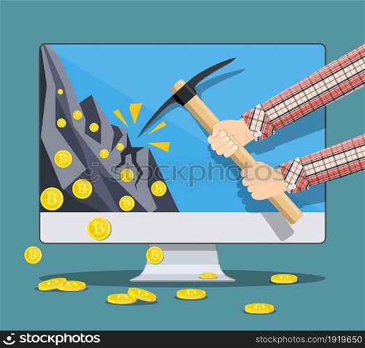 Golden coin with bitcoin sign and pickaxe. Mining symbol. Money and finance. Digital currency. Virtual money, cryptocurrency and digital payment system. Vector illustration in flat style. Golden coin with bitcoin sign and pickaxe.