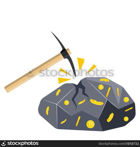Golden coin with bitcoin sign and pickaxe. Mining symbol. Money and finance. Digital currency. Virtual money, cryptocurrency and digital payment system. Vector illustration in flat style. Golden coin with computer chip and pickaxe.