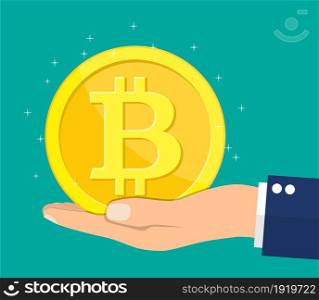 Golden coin with bitcoin sign in hand. Money and finance. Digital currency. Virtual money, cryptocurrency and digital payment system. Vector illustration in flat style. Golden coin with bitcoin sign in hand.