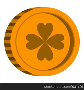 Golden coin with clover sign icon flat isolated on white background vector illustration. Golden coin with clover sign icon isolated