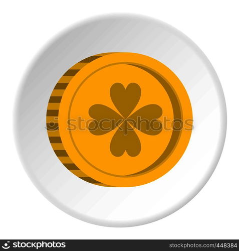 Golden coin with clover sign icon in flat circle isolated vector illustration for web. Golden coin with clover sign icon circle