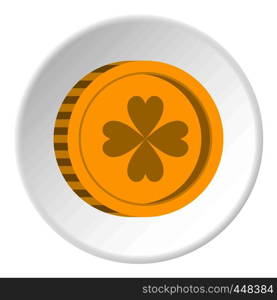 Golden coin with clover sign icon in flat circle isolated vector illustration for web. Golden coin with clover sign icon circle