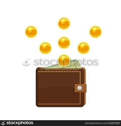 Golden coins and wallet with dollars bank notes in purse. Saving money concept.. Golden coins falling and wallet with dollars bank notes in purse. Saving money concept. Vector illustration, cartoon style, isolated