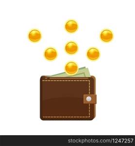 Golden coins and wallet with dollars bank notes in purse. Saving money concept.. Golden coins falling and wallet with dollars bank notes in purse. Saving money concept. Vector illustration, cartoon style, isolated