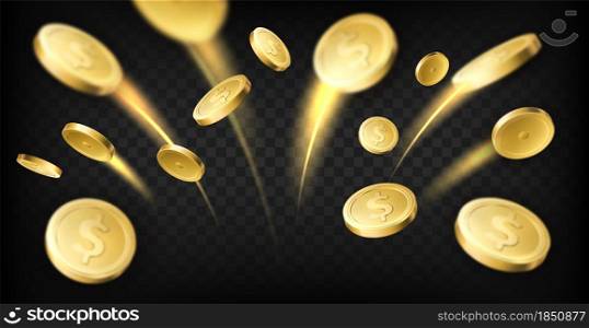Golden coins explosion. Realistic dollar coins flying with moving traces, gambling games prize, casino jackpot, money cash, coin rain vector concept. Golden coins explosion. Realistic dollar coins flying with moving traces, gambling games prize, casino jackpot, money cash, vector concept