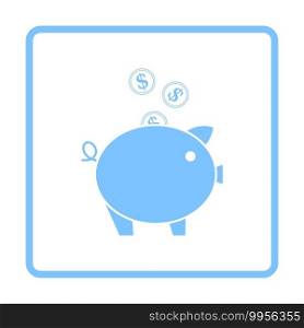Golden Coins Fall In Piggy Bank Icon. Blue Frame Design. Vector Illustration.