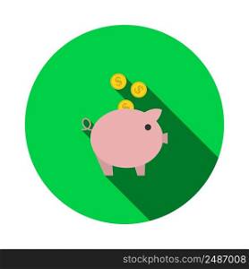 Golden Coins Fall In Piggy Bank Icon. Flat Circle Stencil Design With Long Shadow. Vector Illustration.