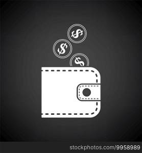 Golden Coins Fall In Purse Icon. White on Black Background. Vector Illustration.