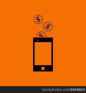 Golden Coins Fall In Smartphone Icon. Black on Orange Background. Vector Illustration.