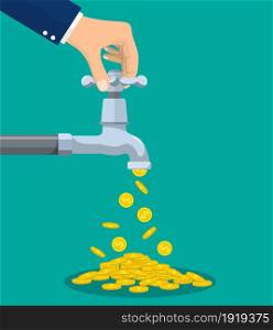 Golden coins fall out of the metal tap. Vector illustration in flat style. Golden coins fall out of the metal tap