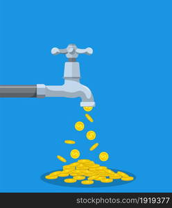 Golden coins fall out of the metal tap. Vector illustration in flat style. Golden coins fall out of the metal tap