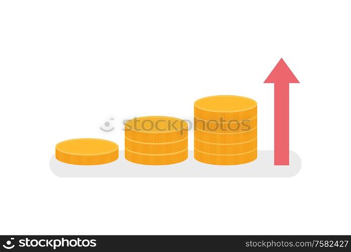 Golden coins growth of income, isolated arrow shows profit. Vector isolated money stacks, currency investment, payments and savings concept, economy benefit. Golden Coins Growth Income Isolated Arrow Profit