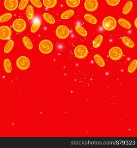 Golden coins rain on red background. Vector illustration. Golden coins rain on red background
