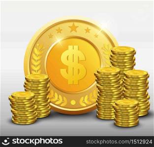 Golden coins with dollar sign and stacks of gold coin.Vector illustration