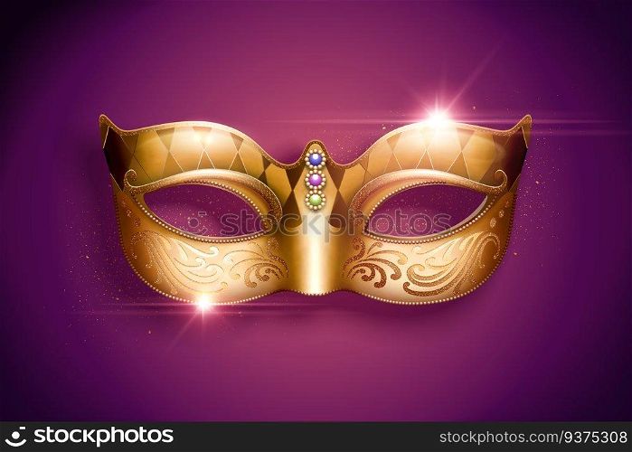 Golden color mask with jewelry in 3d illustration. Golden color mask