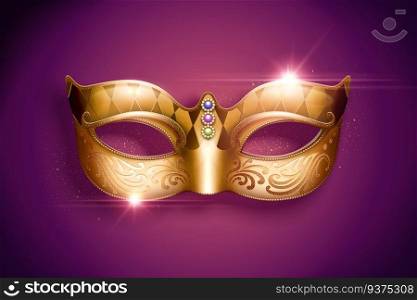 Golden color mask with jewelry in 3d illustration. Golden color mask