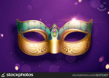 Golden color mask with jewelry on purple glitter background in 3d illustration. Golden color mask