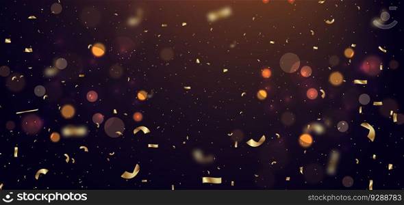 Golden confetti banner and ribbon on dark background and bokeh. Celebration party happy concept. Vector illustration