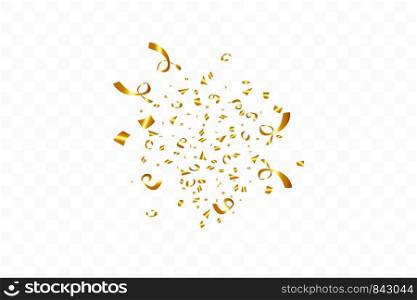 Golden confetti isolated. Festive background. Vector illustration. Confetti isolated on transparent background. Golden ribbons. Festive vector illustration